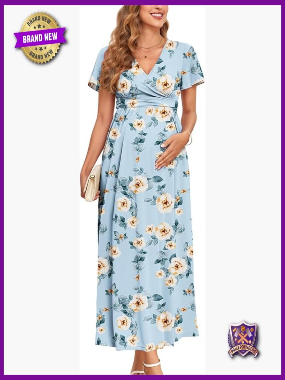 Maternity Maxi Dress Long Sleeve Wrap V Neck with Pockets